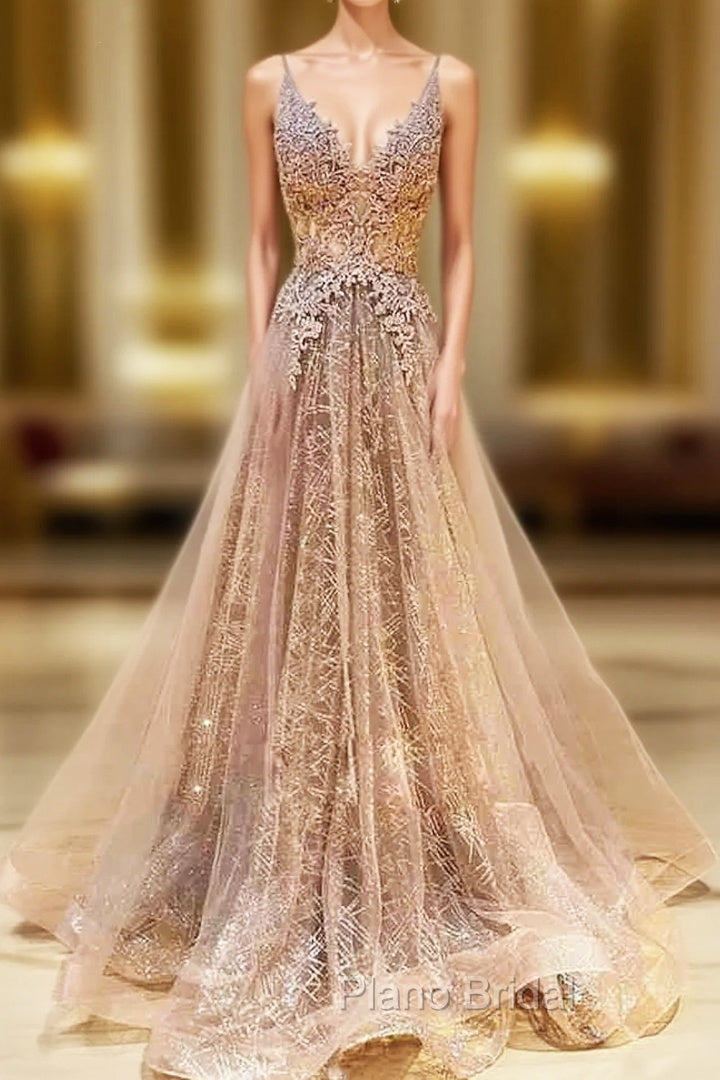 Sweep Train V Neck Lace Tulle Yarn Princess Formal Prom Dresses With Glitter