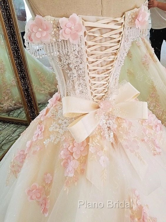 Sweet 16 Dresses Pink Lace Floral Formal Prom Dresses Ball Gown Off The Shoulder Elegant Beaded Luxury Formal Prom Gown