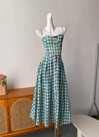 Sweet A-Line Blue Plaid Spaghetti Strap Long Formal Prom Dresses