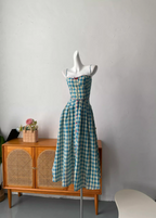Sweet A-Line Blue Plaid Spaghetti Strap Long Formal Prom Dresses