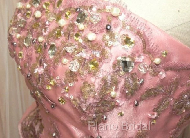 Sweet A-Line Strapless Satin Tulle Sequined Wedding Dresses Beaded Diamond Long Ball Gown