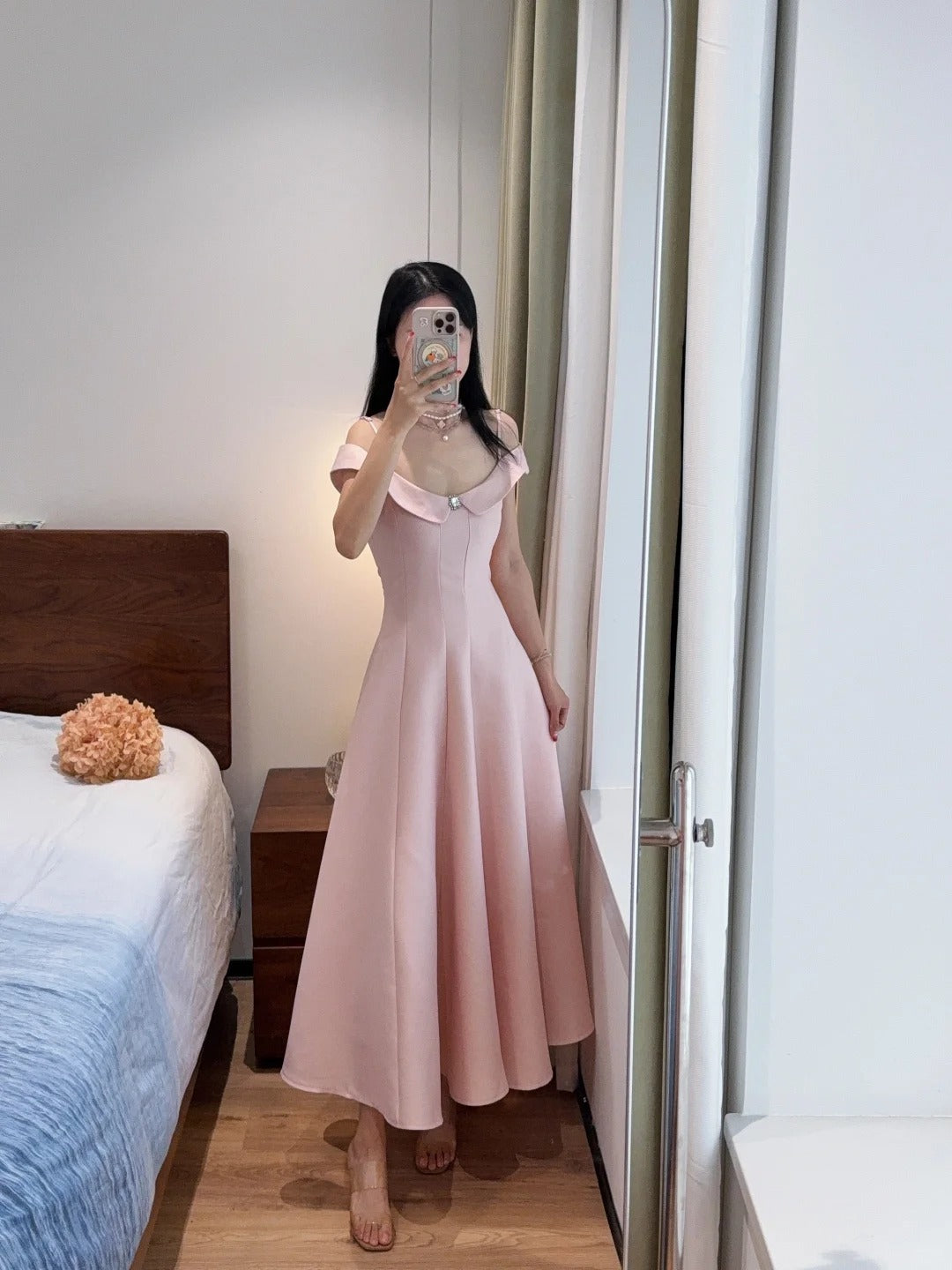 Sweet And Elegant Pink A-Line Off-Shoulder Satin Formal Prom Dresses