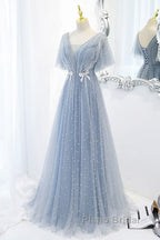 Sweet And Elegant Sky Blue Beaded Short Sleeved Sheer Ball Dresses With Sky Blue A-Shaped Backless Strap And Ground Length Formal Prom Dresses