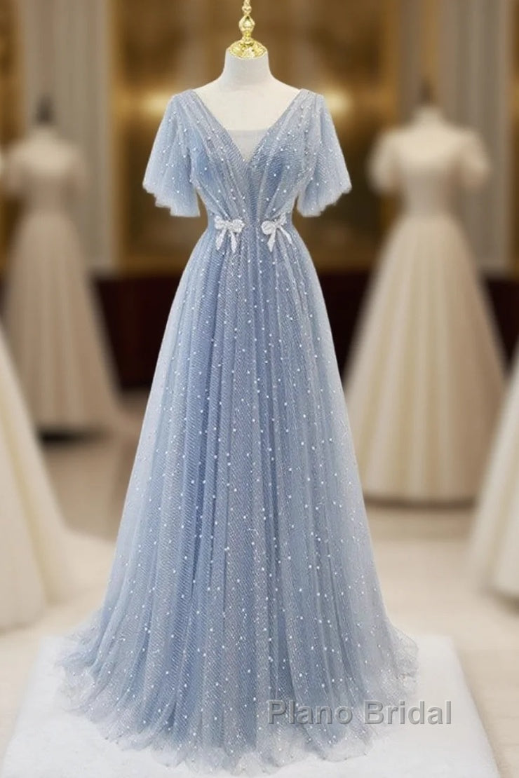 Sweet And Elegant Sky Blue Beaded Short Sleeved Sheer Ball Dresses With Sky Blue A-Shaped Backless Strap And Ground Length Formal Prom Dresses