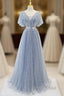 Sweet And Elegant Sky Blue Beaded Short Sleeved Sheer Ball Dresses With Sky Blue A-Shaped Backless Strap And Ground Length Formal Prom Dresses