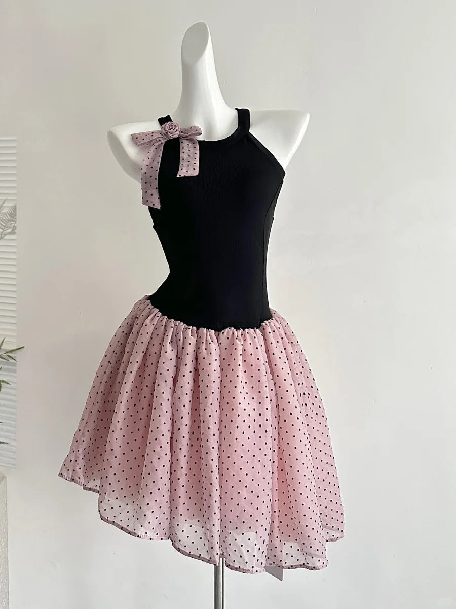 Sweet Black And Pink Polka Dot Halter Neck Chiffon Short Birthday Prom Homecoming Dresses