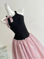 Sweet Black And Pink Polka Dot Halter Neck Chiffon Short Birthday Prom Homecoming Dresses