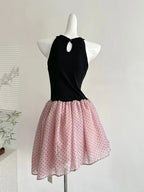 Sweet Black And Pink Polka Dot Halter Neck Chiffon Short Birthday Prom Homecoming Dresses