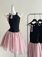 Sweet Black And Pink Polka Dot Halter Neck Chiffon Short Birthday Prom Homecoming Dresses