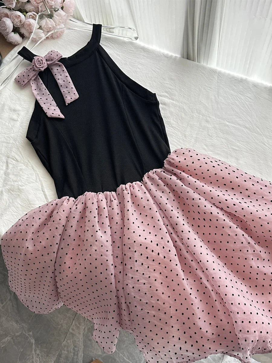 Sweet Black And Pink Polka Dot Halter Neck Chiffon Short Birthday Prom Homecoming Dresses