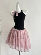 Sweet Black And Pink Polka Dot Halter Neck Chiffon Short Birthday Prom Homecoming Dresses