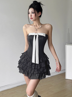 Sweet Black Tube Top Bowknot Herringbone Cake Skirt Homecoming Dresses