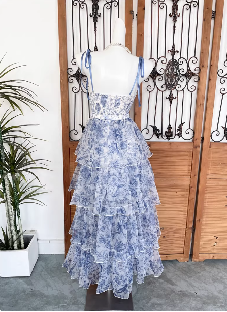 Sweet Blue And White Floral Printed Bow Ribbon Multi-Layered Tiered Chiffon Long Formal Prom Dresses Secondary image