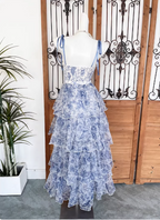 Sweet Blue And White Floral Printed Bow Ribbon Multi-Layered Tiered Chiffon Long Formal Prom Dresses