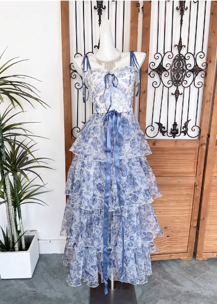 Sweet Blue And White Floral Printed Bow Ribbon Multi-Layered Tiered Chiffon Long Formal Prom Dresses