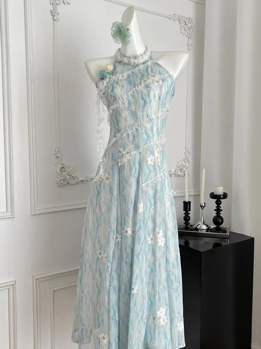Sweet Blue And White Gradient A-Line Halter Neck Chiffon Long Formal Prom Dresses