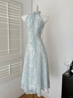 Sweet Blue And White Gradient A-Line Halter Neck Chiffon Long Formal Prom Dresses