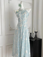 Sweet Blue And White Gradient A-Line Halter Neck Chiffon Long Formal Prom Dresses