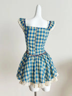 Sweet Blue And Yellow Plaid Waist Square Neck Short A-Line 15Th Birthday Homecoming Dresses