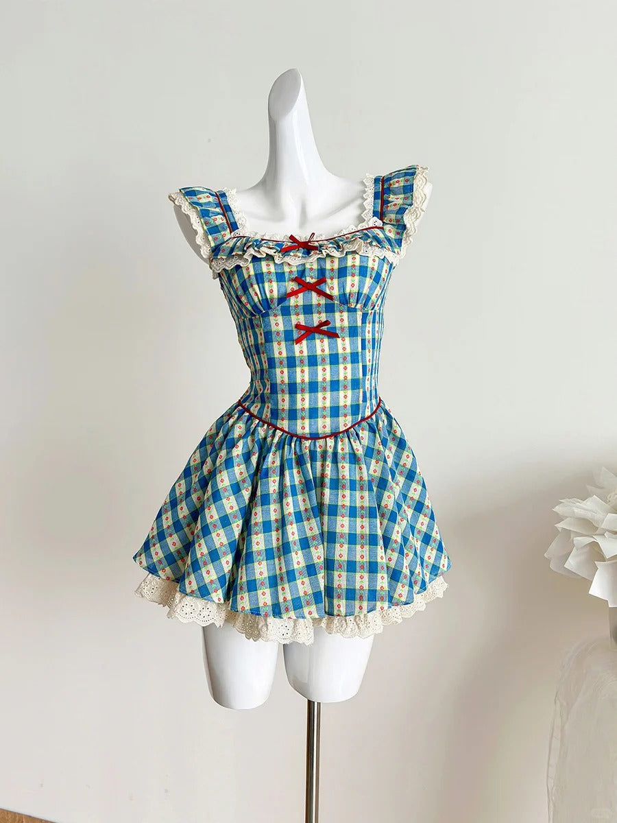 Sweet Blue And Yellow Plaid Waist Square Neck Short A-Line 15Th Birthday Homecoming Dresses Main image