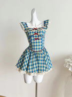Sweet Blue And Yellow Plaid Waist Square Neck Short A-Line 15Th Birthday Homecoming Dresses
