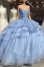 Sweet Blue Tulle Beaded Formal Prom Dresses Ball Gown Quinceanera Dresses
