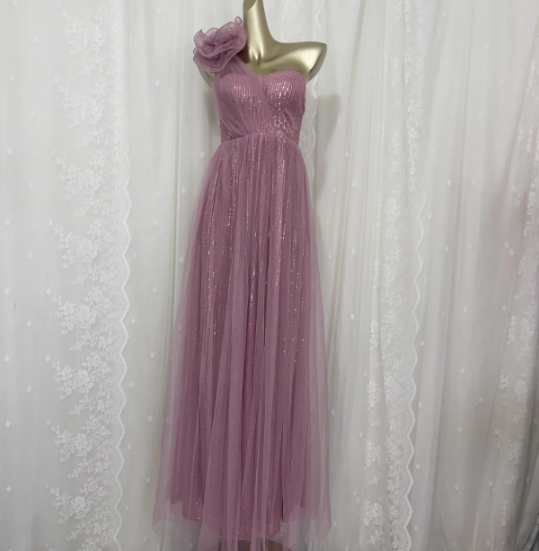 Sweet Blush Purple A-Line One-Shoulder 3D Floral Sequin Tulle Long Formal Prom Dresses