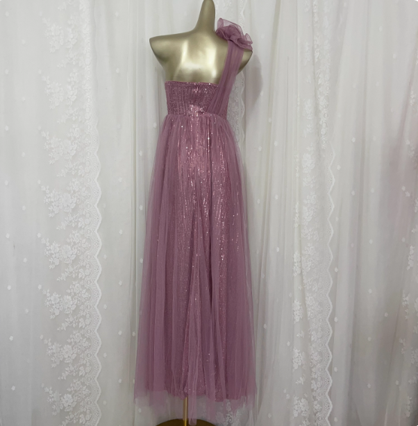 Sweet Blush Purple A-Line One-Shoulder 3D Floral Sequin Tulle Long Formal Prom Dresses