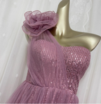 Sweet Blush Purple A-Line One-Shoulder 3D Floral Sequin Tulle Long Formal Prom Dresses