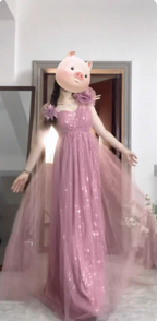Sweet Blush Purple A-Line One-Shoulder 3D Floral Sequin Tulle Long Formal Prom Dresses