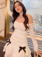 Sweet Bow Pleated Mesh Ruffle Hip Birthday Skirt Homecoming Dresses