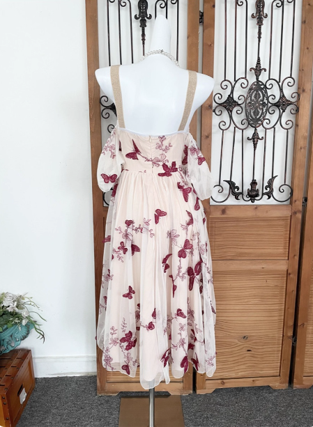 Sweet Butterfly Printed Strap Puff Sleeve Midi-Length Tulle Formal Prom Dresses Secondary image