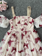 Sweet Butterfly Printed Strap Puff Sleeve Midi-Length Tulle Formal Prom Dresses