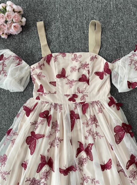 Sweet Butterfly Printed Strap Puff Sleeve Midi-Length Tulle Formal Prom Dresses