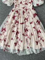 Sweet Butterfly Printed Strap Puff Sleeve Midi-Length Tulle Formal Prom Dresses