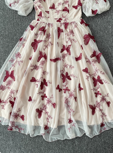 Sweet Butterfly Printed Strap Puff Sleeve Midi-Length Tulle Formal Prom Dresses