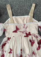 Sweet Butterfly Printed Strap Puff Sleeve Midi-Length Tulle Formal Prom Dresses