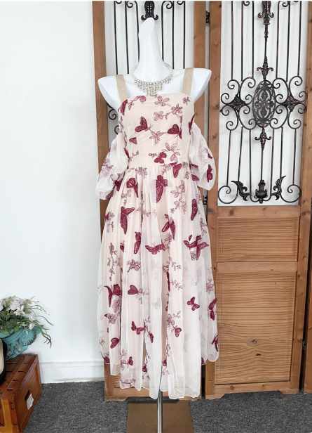 Sweet Butterfly Printed Strap Puff Sleeve Midi-Length Tulle Formal Prom Dresses Main image