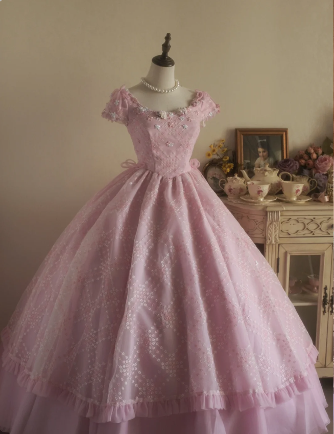 Sweet Court Light Pink Embroidered Floral Tulle Ball Gown Prom Dresses Sweet 16 Dresses