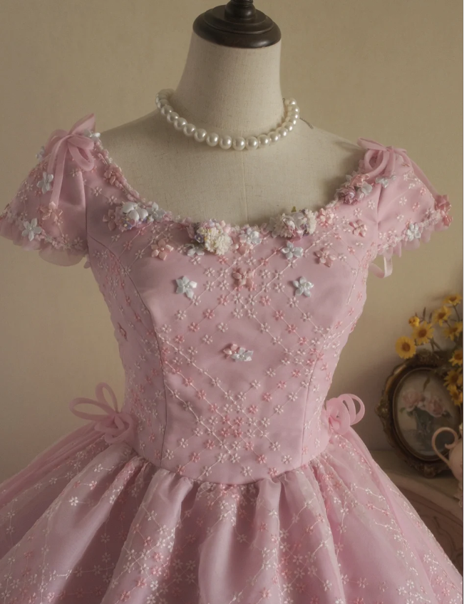Sweet Court Light Pink Embroidered Floral Tulle Ball Gown Prom Dresses Sweet 16 Dresses