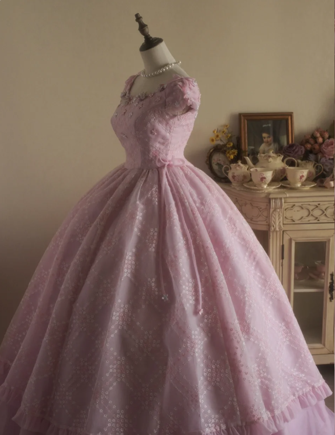 Sweet Court Light Pink Embroidered Floral Tulle Ball Gown Prom Dresses Sweet 16 Dresses