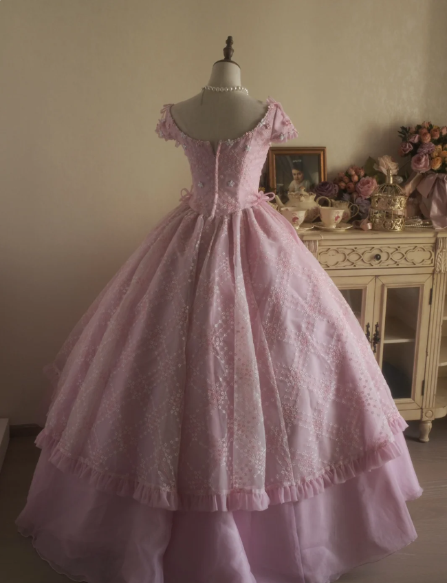 Sweet Court Light Pink Embroidered Floral Tulle Ball Gown Prom Dresses Sweet 16 Dresses