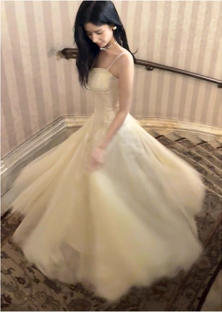 Sweet Cream Apricot A-Line Spaghetti Strap Lace Tulle Long Formal Prom Dresses Secondary image