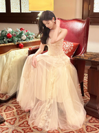 Sweet Cream Apricot A-Line Spaghetti Strap Lace Tulle Long Formal Prom Dresses
