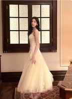 Sweet Cream Apricot A-Line Spaghetti Strap Lace Tulle Long Formal Prom Dresses