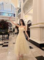 Sweet Cream Apricot A-Line Spaghetti Strap Lace Tulle Long Formal Prom Dresses