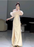 Sweet Cream Yellow A-Line Off-The-Shoulder Bow-Embellished High-Slit Satin Long Formal Prom Dresses