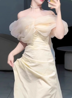 Sweet Cream Yellow A-Line Off-The-Shoulder Bow-Embellished High-Slit Satin Long Formal Prom Dresses
