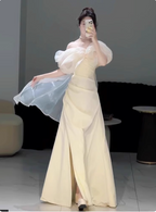 Sweet Cream Yellow A-Line Off-The-Shoulder Bow-Embellished High-Slit Satin Long Formal Prom Dresses