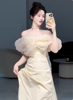 Sweet Cream Yellow A-Line Off-The-Shoulder Bow-Embellished High-Slit Satin Long Formal Prom Dresses